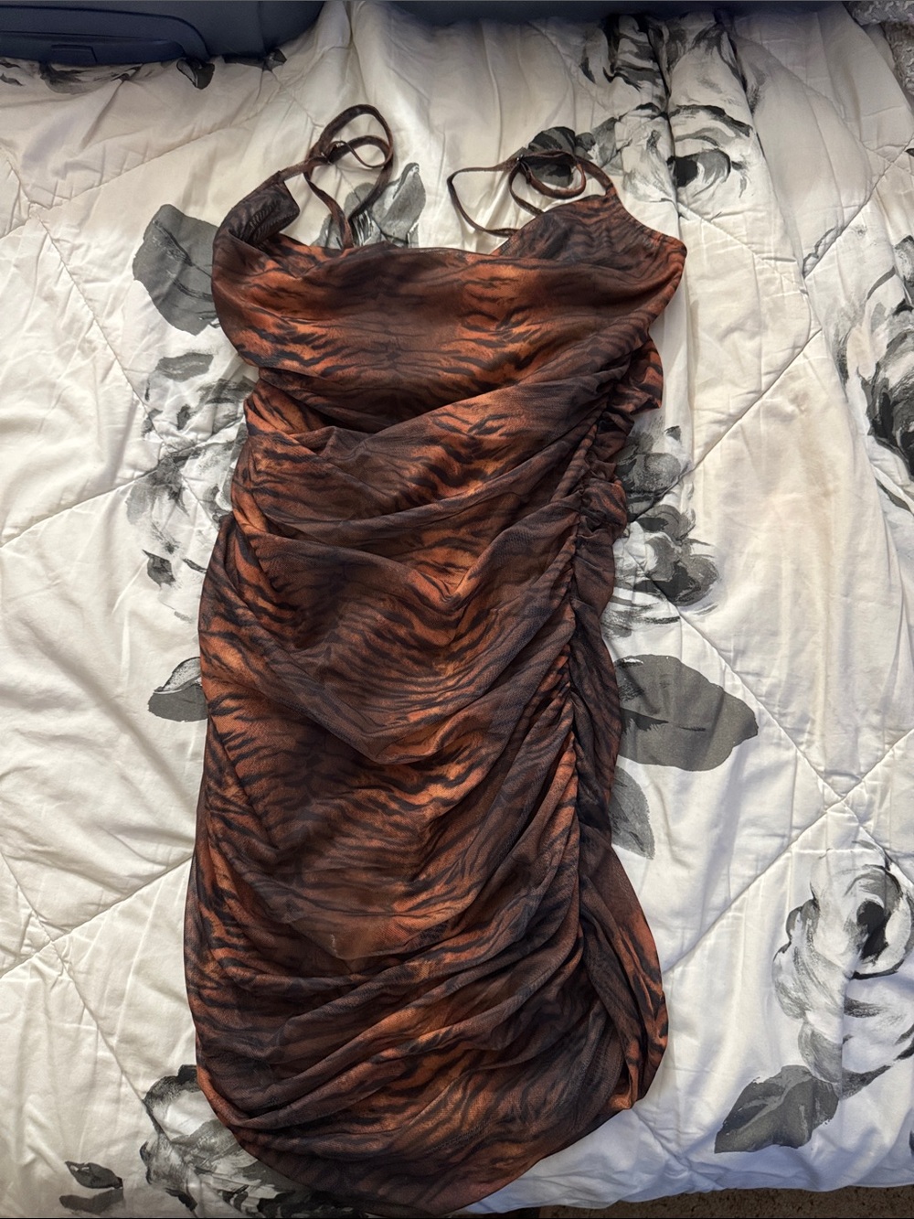 Princess Polly Brown & Black Tiger-Print Ruched Slip Dress